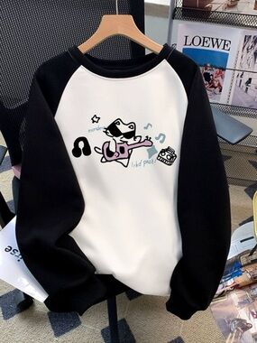 Black & White Raglan Sweatshirt with Pink Guitar Cartoon